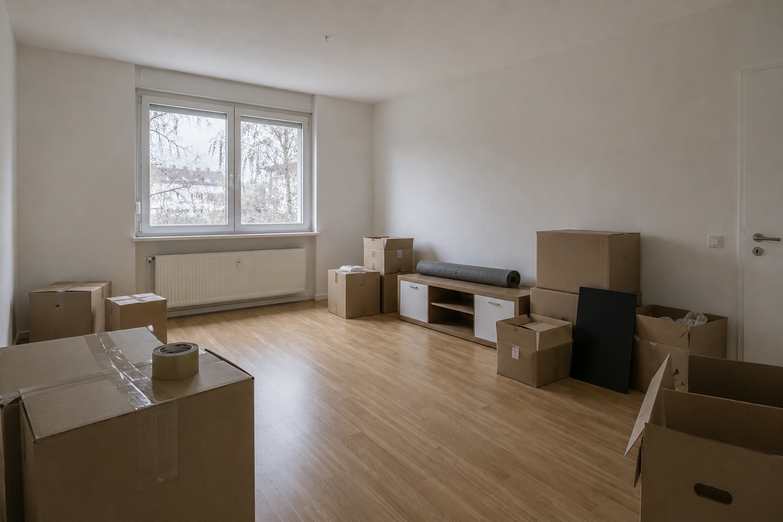 Derselbe Wohnraum später mit Möbeln und Umzugskartons